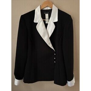 Bahari Womens Black Blazer Size 10 Satin Collar & Cuffs Tailored Work Jacket